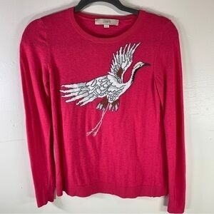 LOFT Crane bird print sweater graphic hot pink long sleeve wall top women’s XS